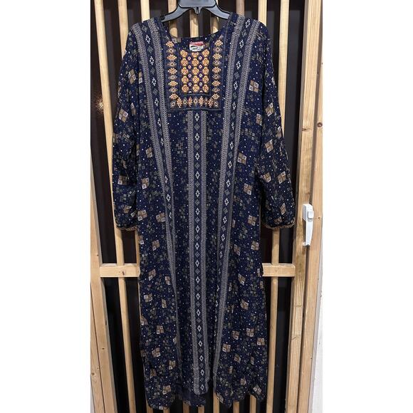 Al-Batool Maxi Dress Womens 2XL Navy Blue Embroidered Boho Kaftan Print Modest - Picture 1 of 5